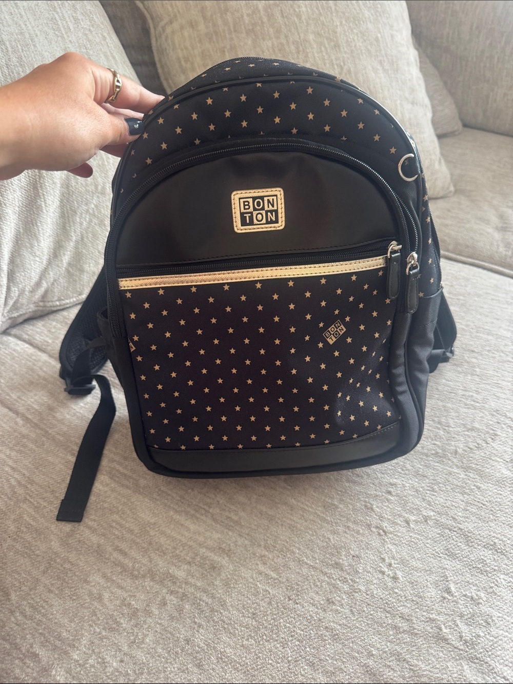 Bonton Black Backpack with Gold Star Print and Gold Trim